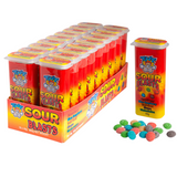 Box of colorful sour candy containers labeled ’Sour Blasts’ with some candies displayed beside it.