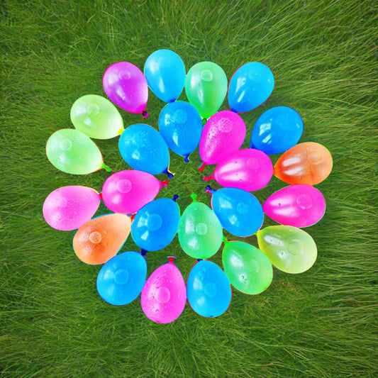 Colorful cluster of water balloons arranged in a circular pattern.