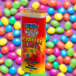 Colorful container of ’Sour Blasts’ candy with multiple fruit flavors.