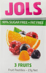 Package of Jols sugar-free fruit-flavored pastilles featuring images of orange, strawberry, and blueberry.