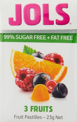 Package of Jols sugar-free fruit-flavored pastilles featuring images of orange, strawberry, and blueberry.