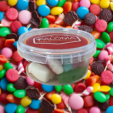 Clear plastic container of Paloma brand candies or confections surrounded by colorful sweets.