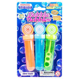 Set of three colorful bubble solution tubes with lollipop-shaped caps.