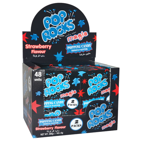 Display box containing packages of Pop Rocks strawberry-flavored popping candy.