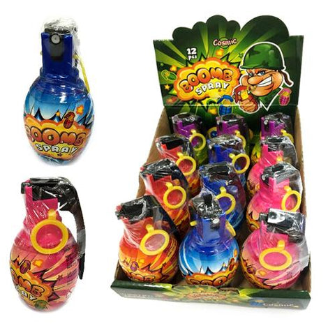 Colorful toy grenade-shaped candy containers displayed in a retail box.