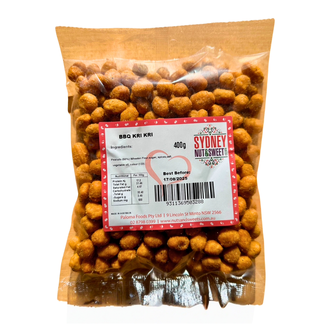 Bag of BBQ Kri Kri snacks from Sydney Nut&Sweet with a product label.