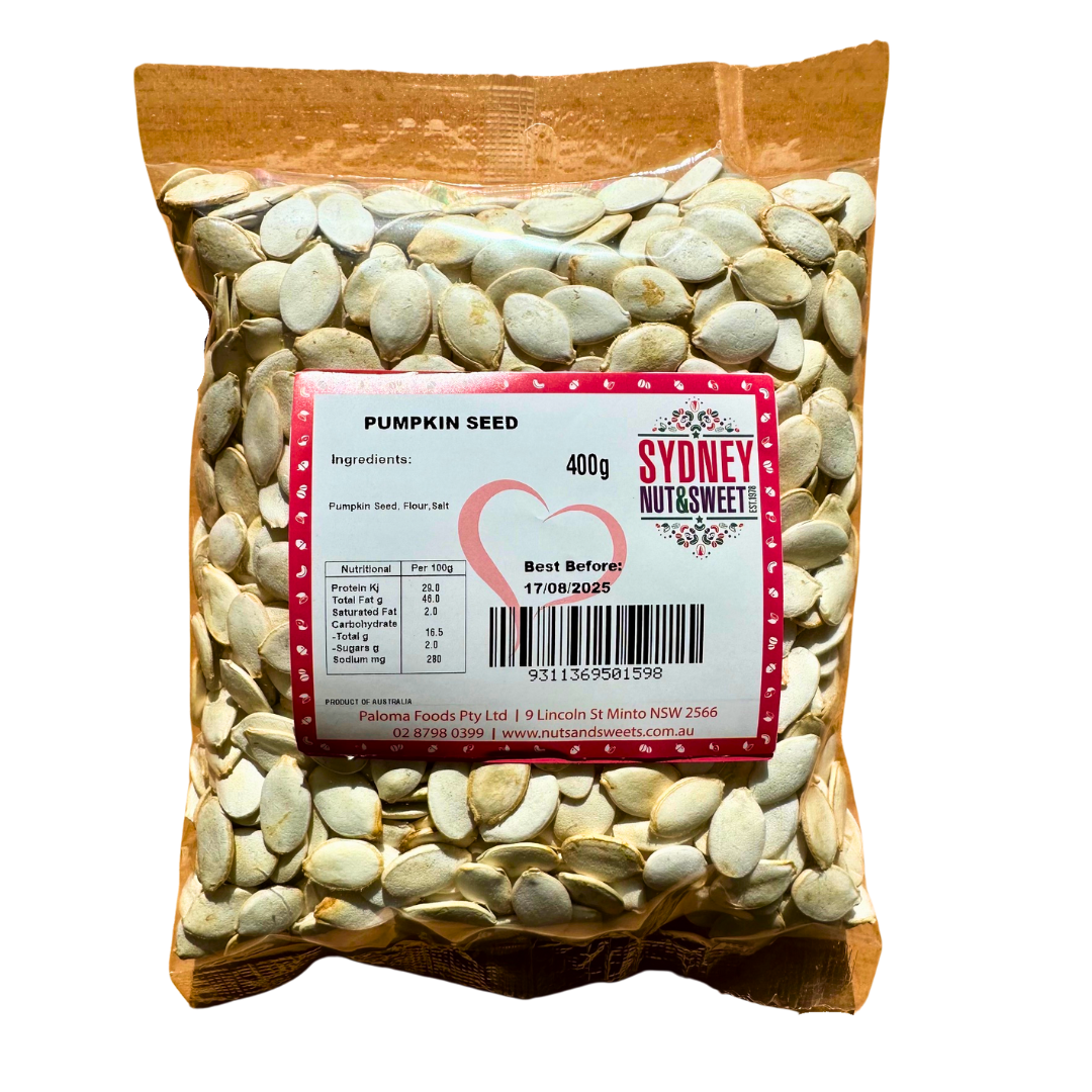 Bag of pumpkin seeds from Sydney Nut & Sweet brand.