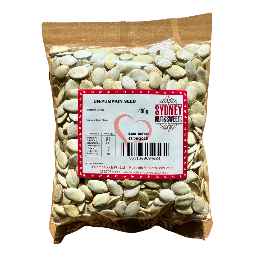 Bag of unshelled pumpkin seeds from Sydney Nut&Sweet brand.