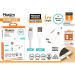 Car charger and cable set for iPhone and iPod devices with packaging details.