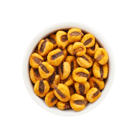 Bowl of roasted or fried corn kernels with a dark center.