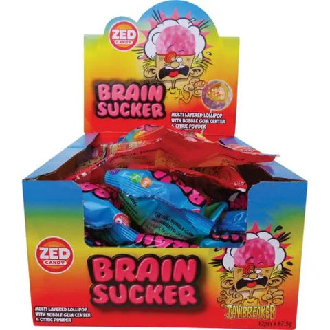 Display box filled with colorful ’Brain Sucker’ lollipops featuring a cartoon brain character on the packaging.