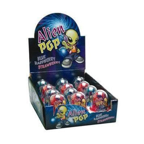 Display box of ’Alien Pop’ candy or lollipops featuring a cartoon alien character.