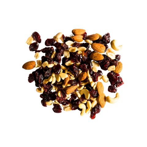 A mixture of nuts and dried fruits, including almonds, cashews, and cranberries.