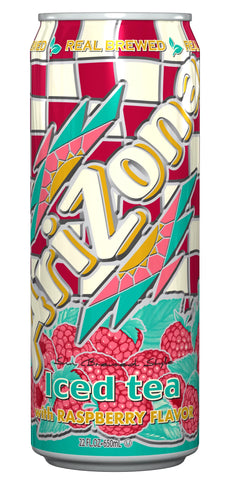 Can of Arizona raspberry-flavored iced tea with colorful graphics.