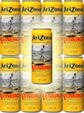 Bright yellow cans of Arizona RX Energy Herbal Tonic featuring a black and white image of a person running.