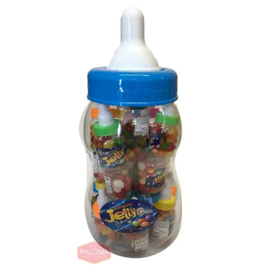 Baby bottle-shaped container filled with colorful jelly candy packages.