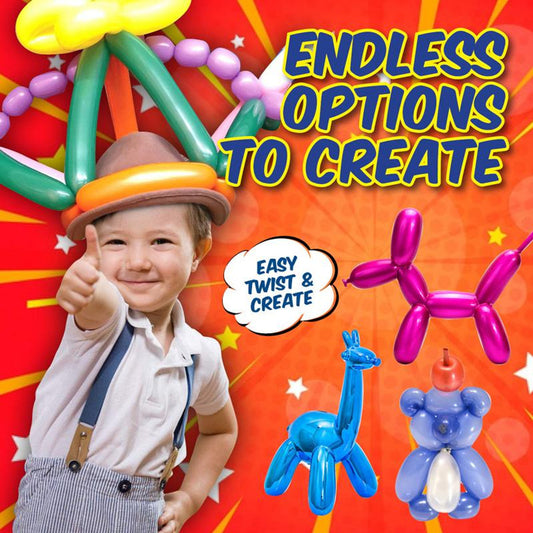 Colorful advertisement for balloon animal creation toys featuring a child wearing a balloon hat and giving a thumbs up.