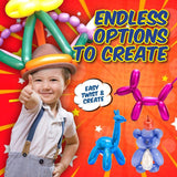 Colorful advertisement for balloon animal creation toys featuring a child wearing a balloon hat and giving a thumbs up.