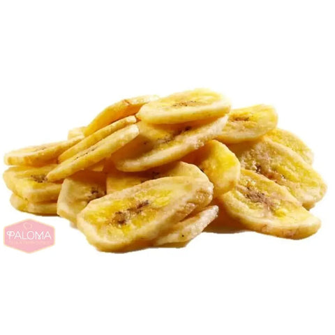 Sliced dried banana chips in a pile.