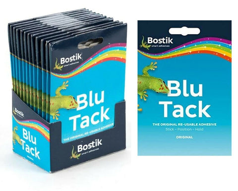 Blu Tack adhesive product packaging from Bostik, featuring a display box and individual packet.