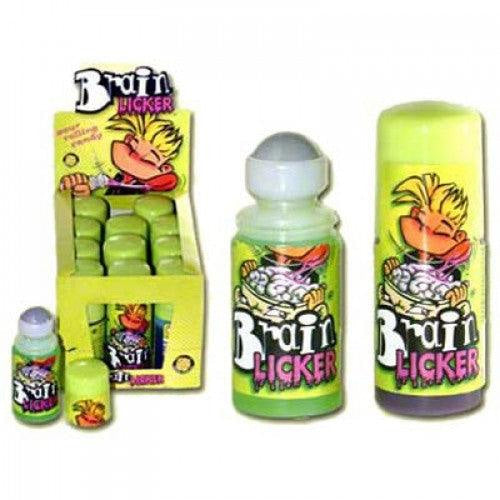 Candy product called ’Brain Licker’ in green containers with cartoon character packaging.