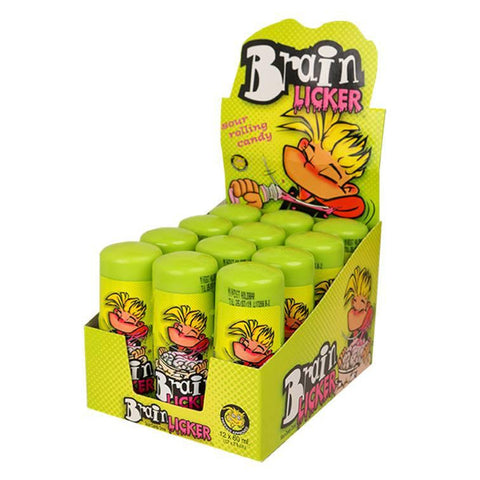 Display box containing ’Brain Licker’ sour rolling candy containers.