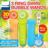 Colorful bubble wand set with swirled tops and multiple containers for bubble solution.