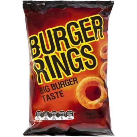 Bag of Burger Rings snack food with bold yellow text on a red background.