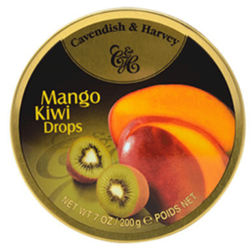 Circular tin of Cavendish & Harvey Mango Kiwi Drops candy featuring images of mango and kiwi fruit.