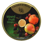 Circular tin of Cavendish & Harvey Mixed Fruit Drops candy featuring images of various fruits on the lid.