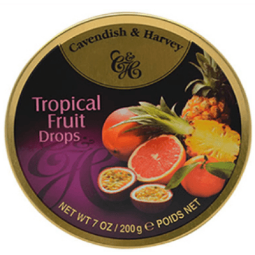 Circular tin of Cavendish & Harvey Tropical Fruit Drops candy.