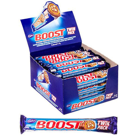 Box of Boost chocolate bars with a single bar displayed in front.