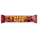 Cherry Ripe chocolate bar in red packaging with yellow text.