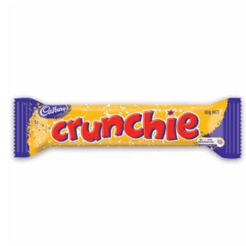 Cadbury Crunchie chocolate bar wrapper in purple and yellow colors.