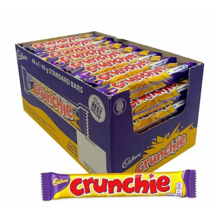 Box of Cadbury Crunchie chocolate bars with one individual bar shown in front.