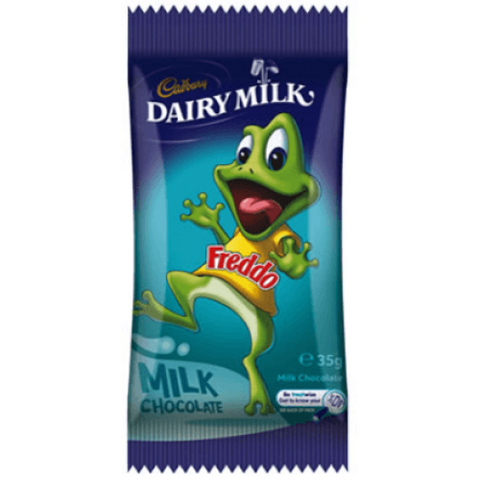 Cadbury Dairy Milk chocolate bar featuring a cartoon frog mascot named Freddo on the packaging.