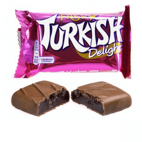 Turkish Delight candy bar with chocolate coating and dark filling.