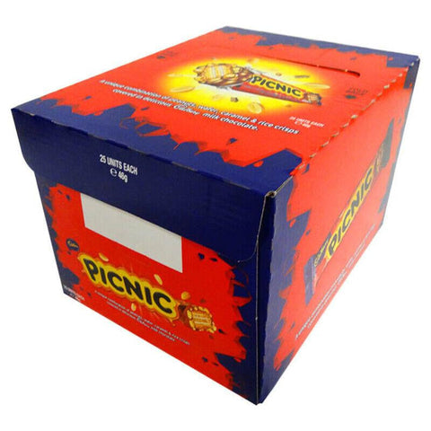 Cardboard box for ’Picnic’ brand products with red and blue color scheme.