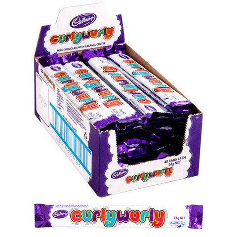 Box of Cadbury Curly Wurly chocolate bars with colorful packaging.