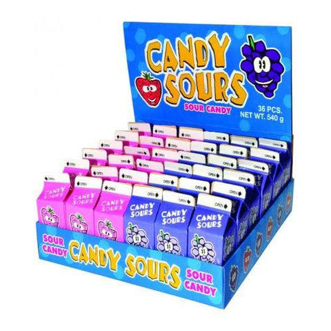 Display box filled with individual packages of Candy Sours sour candy.