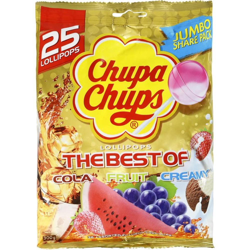 Bag of Chupa Chups lollipops featuring various flavors like cola, fruit, and creamy.