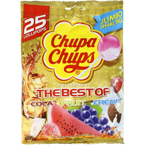 Bag of Chupa Chups lollipops featuring various flavors like cola, fruit, and creamy.