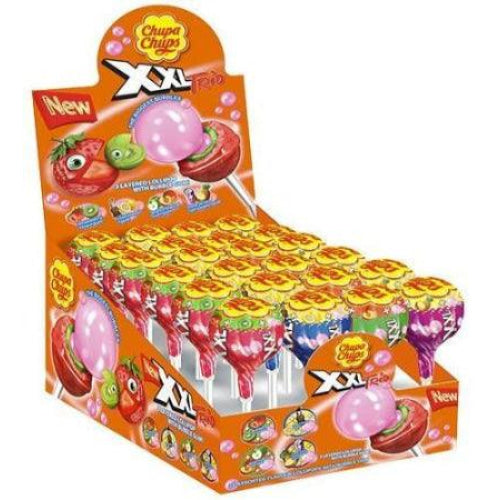 Display box filled with Chupa Chups XXL lollipops in various flavors.