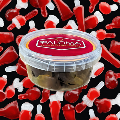 Clear plastic container of Paloma brand nuts and confectionery surrounded by red and white candy shapes.