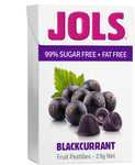 Box of Jols sugar-free blackcurrant pastilles with real fruit juice flavor.