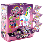 Box of Unicorn Balls candy featuring colorful unicorn imagery and individual candy packets.