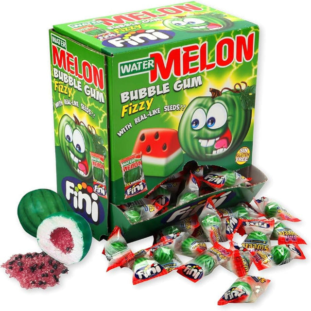 Box of watermelon-flavored bubble gum with fizzy seeds and cartoon watermelon character on the packaging.