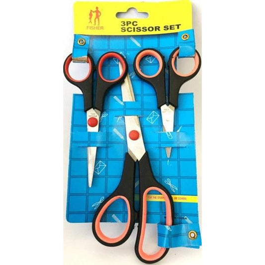 3-piece scissor set with black and orange handles on blue packaging.