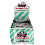 Display box of Fisherman’s Friend mint-flavored lozenges with green striped packaging.