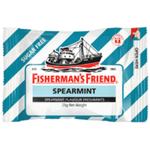 Package of Fisherman’s Friend Spearmint sugar-free lozenges with a fishing boat illustration.